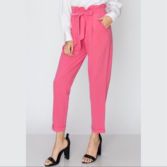 Last ☝️Pink Work Pants W PaperBag Waist Trouser - Picture 6 of 7